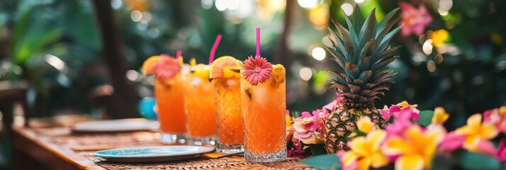 Aufkleber - Summer picnic delight with tropical drinks and fresh pineapples among vibrant flowers and greenery. Generative AI