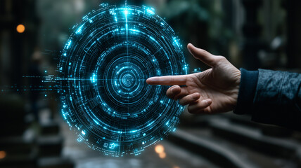 Poster - Digital Sphere Interaction: A hand reaches out to interact with a glowing, futuristic digital sphere, filled with intricate circuitry and data streams.