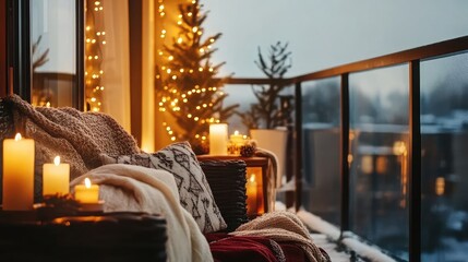 Poster - Cosy seating arrangement on a winter balcony with candle-lit ambiance