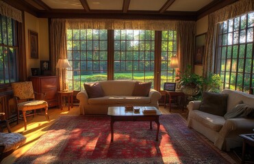Poster - Cozy and inviting living room with soft natural lighting streaming in