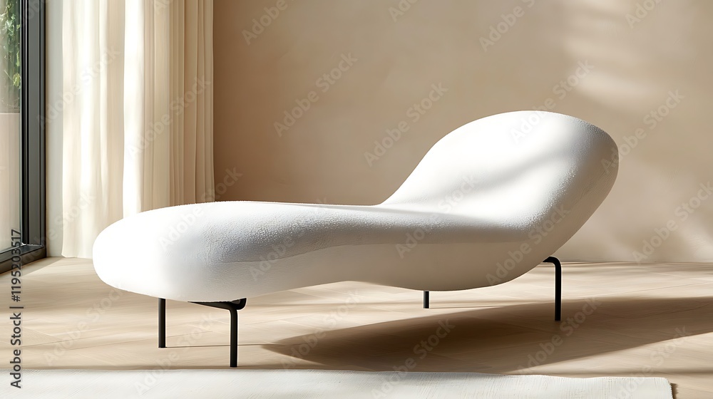 A modern, minimalist chaise lounge with a smooth, curved design. It is ...