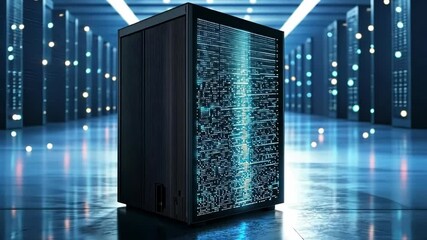Poster - Futuristic Server Tower with LED Lights and Data Visualization in Technology Scene
