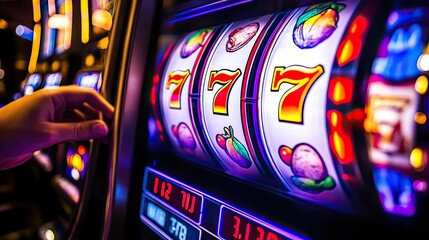 A close-up of a hand pulling the lever on a colorful slot machine, with bright lights flashing and excitement in the air, highlighting the thrill of the game.