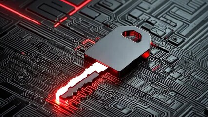 Poster - Futuristic Digital Key Concept on Circuit Board Background with Red Glow Effect