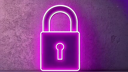 Poster - Neon Lock Icon on Textured Wall with Purple Glow for Security Concept Visualization