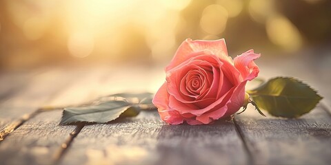 Canvas Print - Soft pink rose resting on rustic wooden table with blurred warm sunlight and gentle focus creating a serene and inviting atmosphere.