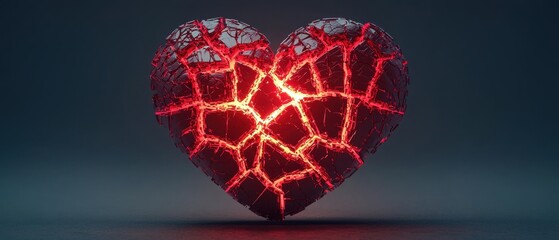 Poster - A glowing, cracked heart emits a warm red light, symbolizing a blend of beauty and fragility.