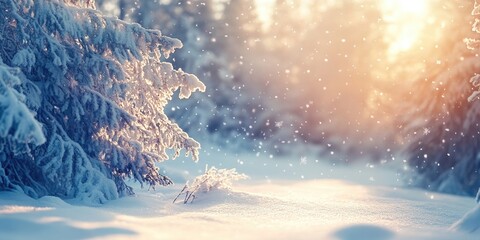 Wall Mural - Serene winter landscape with soft sunlight filtering through snow-laden trees on the left, gentle snowflakes falling, creating a peaceful atmosphere.