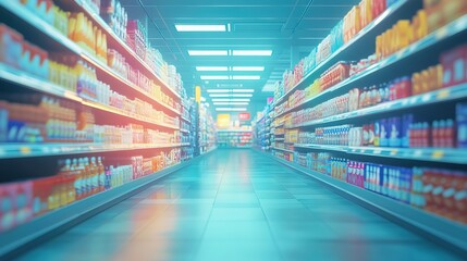 Blurry supermarket aisle with various products on shelves 