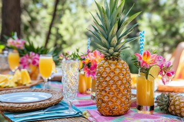 Aufkleber - Enjoying a bright summer picnic with fresh pineapples and tropical drinks on a sunny day outdoors. Generative AI