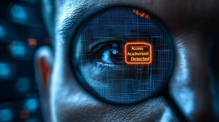 Poster - Cybersecurity Alert: A close-up shot of a person's eye, magnified through a lens, reveals a digital alert displaying 