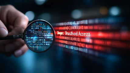 Poster - Cybersecurity Breach Alert: A hand holds a magnifying glass over lines of code, highlighting the dangerous phrase 