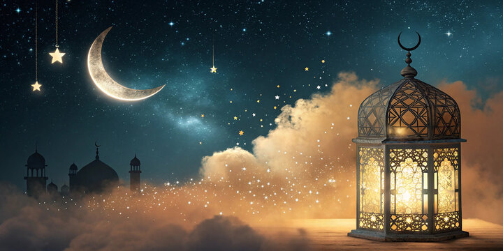 Islamic greeting Eid Mubarak cards for Muslim Holidays. Eid-Ul-Adha festival celebration. Arabic Ramadan Lantern. Decoration lamp