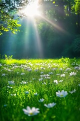 Wall Mural - Sunlight illuminating a field of daisies in a serene forest setting