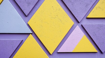 Fototapete - Bright triangles and diamonds in butter yellow showcase a captivating arrangement against a muted purple background. This artistic design transforms a simple wall into an eye-catching display