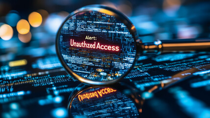 Poster - Cybersecurity Alert: Unauthorized Access Detected: A close-up shot reveals a magnifying glass focused on a computer screen displaying a critical 