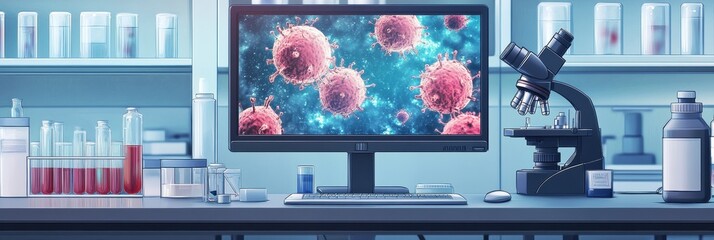 Aufkleber - Laboratory filled with microscopes, test tubes, and digital displays showing bacteria visuals while researchers work. Generative AI
