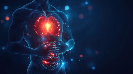 Aufkleber - Glowing human torso with illuminating red focal point in the stomach area against a dark background. Generative AI