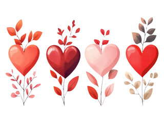 Wall Mural - Colorful Heart Illustrations with Leaves on Transparent Background