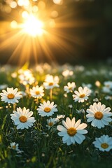 Wall Mural - Sunlight shines through blooming daisies in a tranquil garden during golden hour