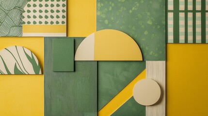 Aufkleber - Vibrant geometric patterns in various shades of sage green and sunny yellow combine to create a delightful composition, perfect for sparking creativity and enhancing interior design aesthetics