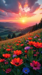 Poster - Vibrant sunset over rolling hills, wildflowers in bloom, hills, scenic