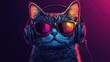© Shehzad - Wearing sunglasses and headphones, the hipster cat is enjoying some music. adorable fuzzy cat wearing a stylish clothing. Vector graphics for clothing, accessories, and interior design.