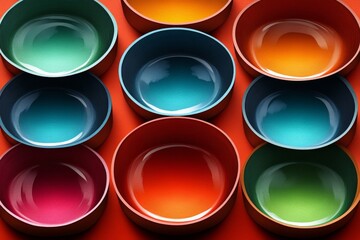 Poster - Colorful Bowls Arranged in a Grid Pattern on Red Background