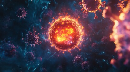 Aufkleber - Glowing cell confronted by aggressive viruses in a dark, microscopic environment during a viral attack. Generative AI