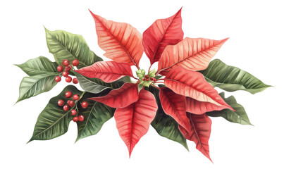 Poster - Poinsettia and Holly Arrangement, Vibrant Red Leaves, Green Foliage, Botanical Illustration, Christmas Decor, Festive Plant, isolated on transparent background, png