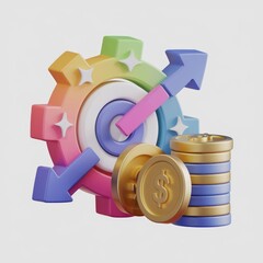 Poster - Colorful 3D rendering of financial growth, showcasing a target, gears, and upward-trending arrows with coins symbolizing progress and success.
