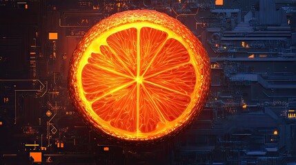 Poster - Luminous Orange Slice on Technological Circuit Board