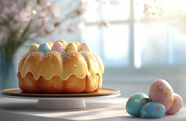 A traditional Easter cake Kulich decorated with colorful eggs and sugar icing on a table with spring blossoms in background.  Easter greeting card. copy space.