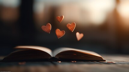 Sticker - An elegant background for Valentine's Day with pink paper hearts floating above the open pages of a book