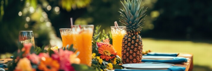 Aufkleber - Summer picnic featuring tropical drinks and fresh pineapples in a vibrant garden setting. Generative AI
