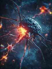 Leinwandbilder - Magnified view of human cell facing viral attack showing cellular responses in an abstract representation. Generative AI