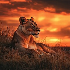 Canvas Print - Majestic Lioness Rests Serene At Sunset In African Savanna