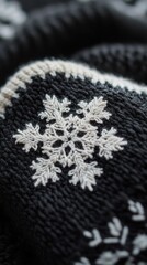 Poster - Close-up view of an intricate snowflake resting on a dark woolen glove highlighting unique natural patterns