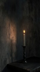 Poster - Single candle burning in a dark room creating soft shadows on the wall