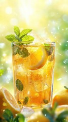Poster - Refreshing iced tea with mint leaves and lemon slices displayed against a bright, sunny background