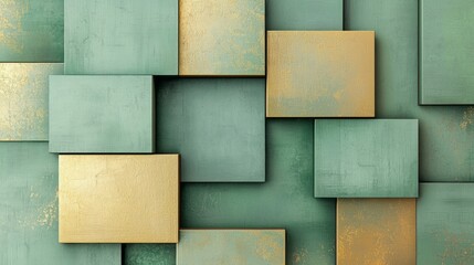 Poster - Layered geometric squares in muted green and gold create a captivating visual tapestry, inviting viewers to appreciate the balance between color and form in modern artistry