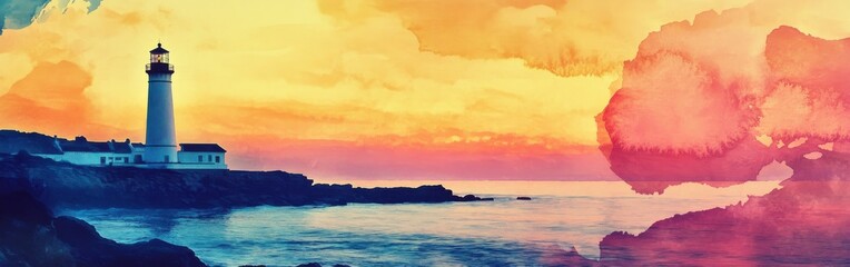Poster - Vibrant sunrise illuminates lighthouse at rocky shore with stunning watercolor background