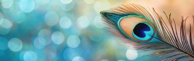 Poster - Close-up view of a vibrant peacock feather showcasing intricate details and colors against a softly blurred watercolor background