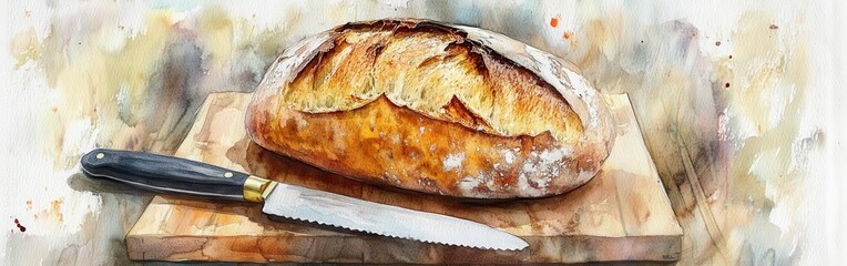 Aufkleber - Freshly baked sourdough bread on a wooden board with a knife in a cozy kitchen setting