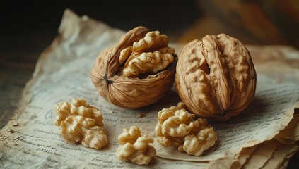 Walnuts on Antique Paper: Two walnuts, one cracked open to reveal its creamy kernel, rest on aged, textured paper alongside several shelled walnut pieces.