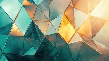 Poster - Modern abstract design featuring transparent overlapping hexagons and triangles in shades of green, teal, and gold with a glowing center