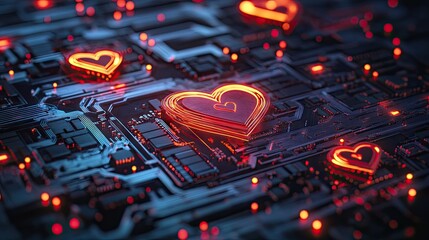 Poster - Artistic interpretation of love in the digital era, with glowing hearts embedded within a vibrant circuit board design