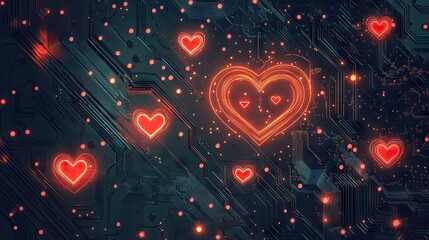 Poster - Artistic interpretation of love in the digital era, with glowing hearts embedded within a vibrant circuit board design