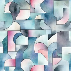 Poster - Intricate doodle cartoon watercolor design featuring layered geometric shapes in soft pinks, grays, and teals