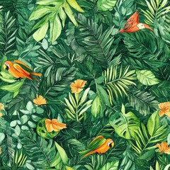 Poster - Intricate doodle of jungle foliage featuring hidden tigers and colorful parrots in vibrant watercolors